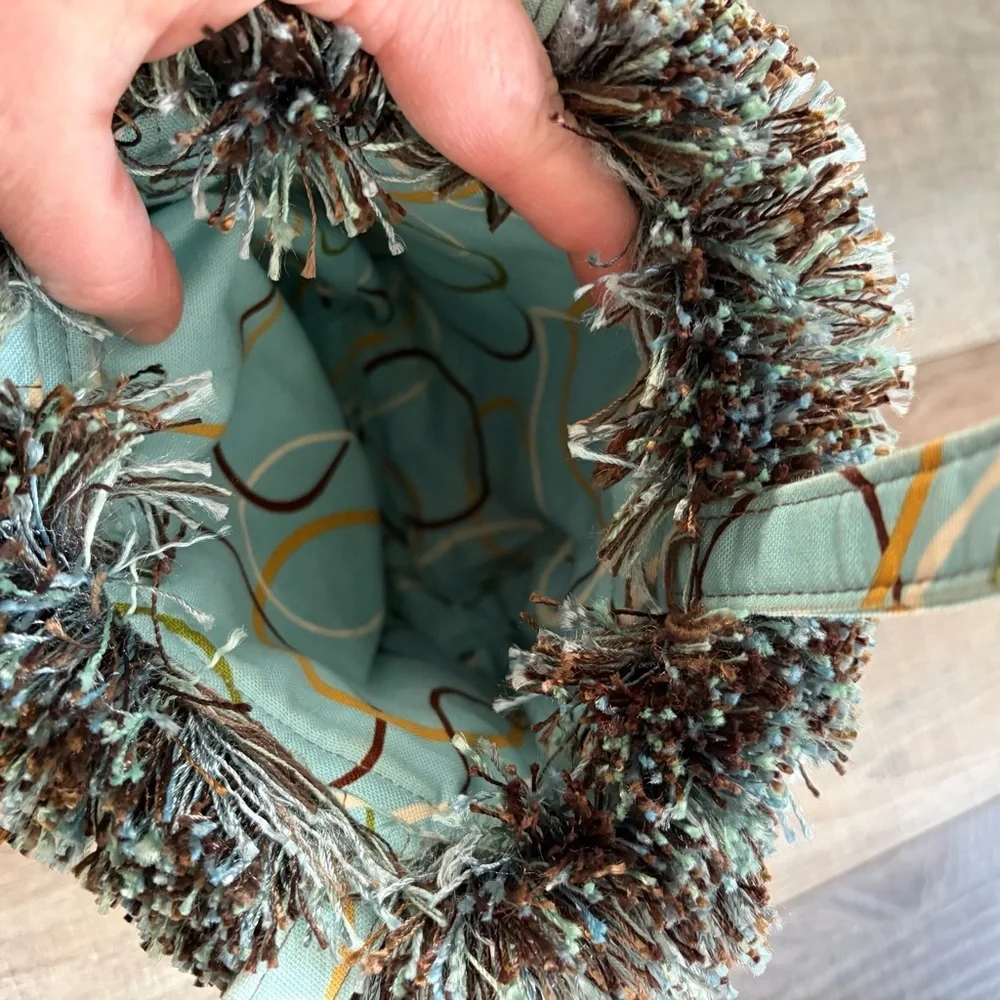Bagolitas by Janice Fringe Mini Tote Bag Brown Aqua Textured Fabric Purse - Picture 3 of 6